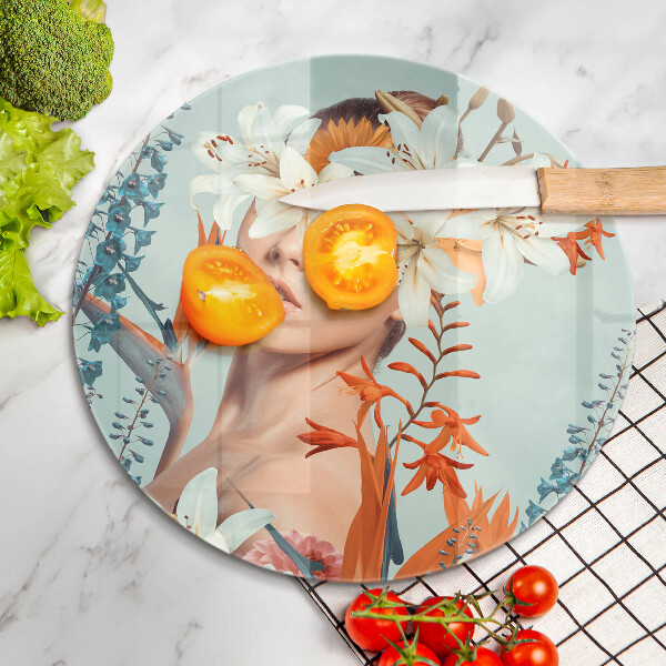 Kuchynská doska veľká zo skla Žena v kvetoch