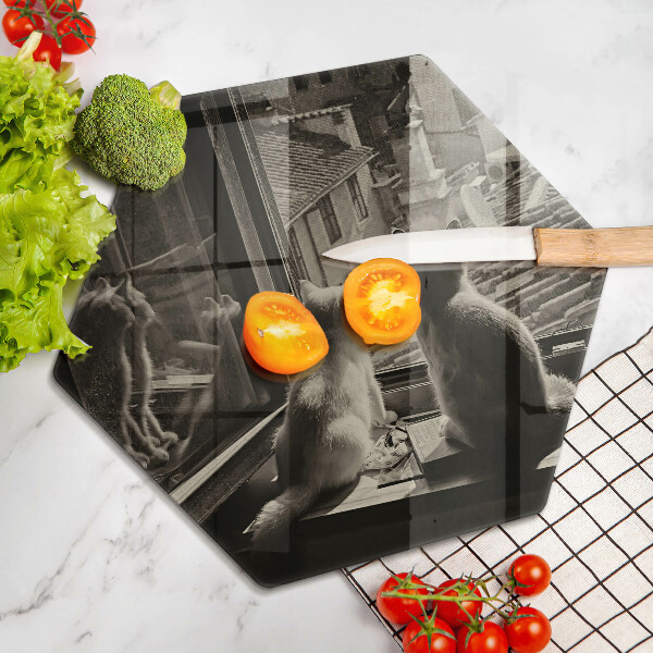 Kuchynská doska veľká zo skla Mesto mačky a okno