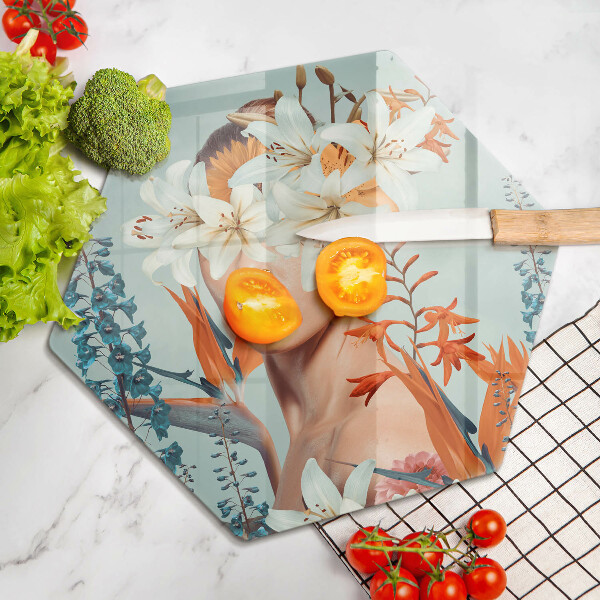 Kuchynská doska veľká zo skla Žena v kvetoch