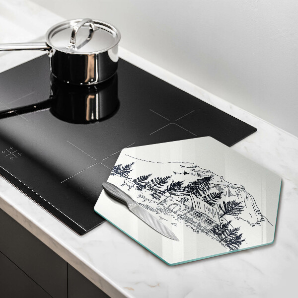 Kuchynská doska veľká zo skla Kresba chaty v horách