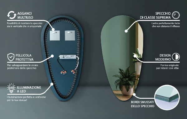 Zrkadlo s led v tvare kvapky 50x100 cm