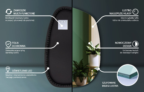 Asymetrické zrkadlo škvrna s led osvetlením 49x34 cm