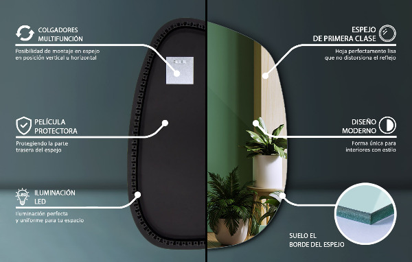 Asymetrické zrkadlo škvrna s led osvetlením 49x34 cm