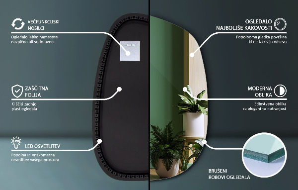 Asymetrické zrkadlo škvrna s led osvetlením 68x47 cm