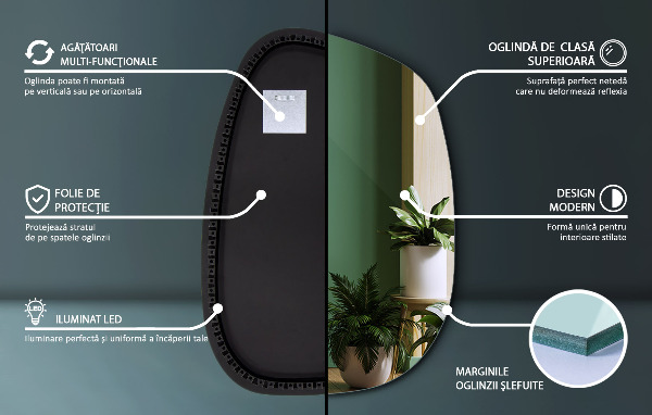 Asymetrické zrkadlo škvrna s led osvetlením 79x57 cm