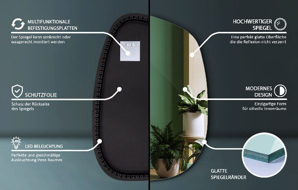 Asymetrické zrkadlo škvrna s led osvetlením 91x66 cm