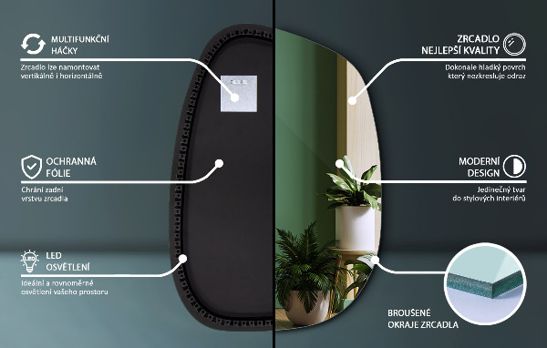 Asymetrické zrkadlo škvrna s led osvetlením 91x66 cm