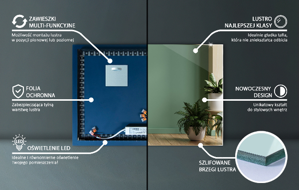 Podsvietene obdĺžnikové zrkadlo 50x50 cm