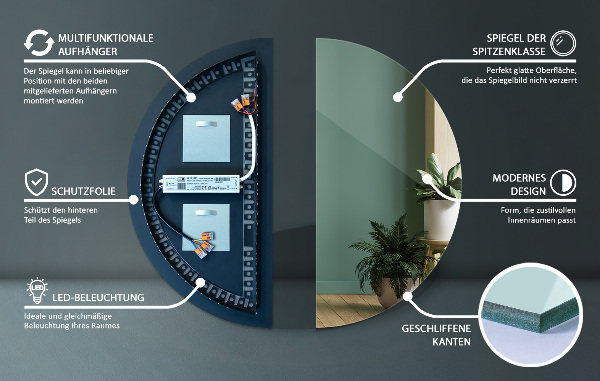 Podsvietene polkruhové zrkadlo bez rámu 35x70 cm