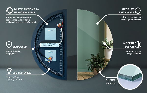 Podsvietene polkruhové zrkadlo bez rámu 35x70 cm
