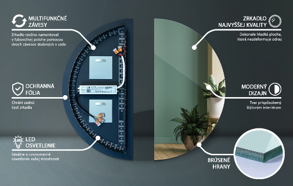 Podsvietene polkruhové zrkadlo bez rámu 35x70 cm