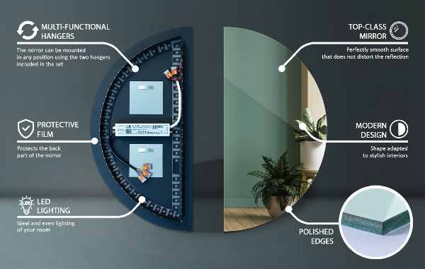 Dizajnové polkruhové zrkadlo s osvetlením 40x80 cm