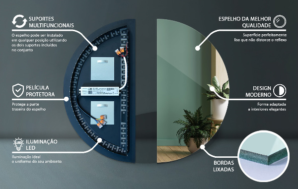 Dizajnové polkruhové zrkadlo s osvetlením 40x80 cm