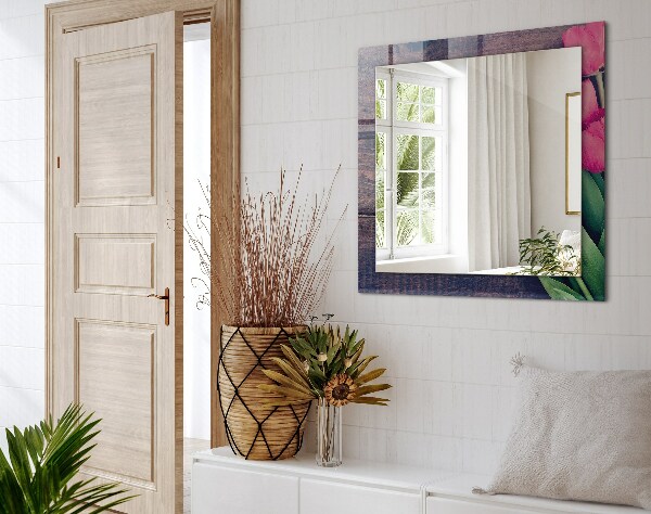 Zrkadlo s potlačeným rámom Ružové tulipány drevo