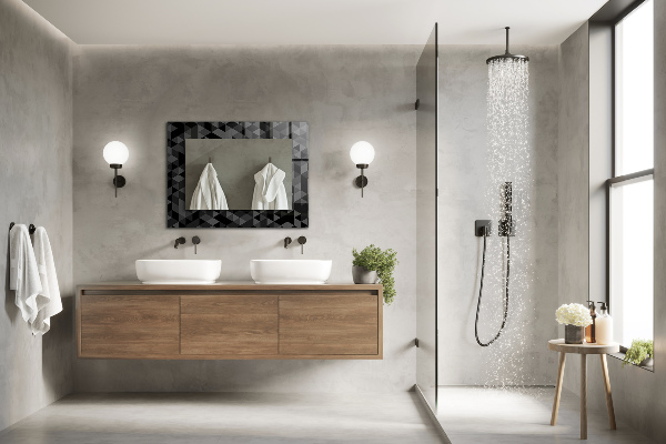 Zrkadlo s potlačeným rámom Čierne a sivé trojuholníky