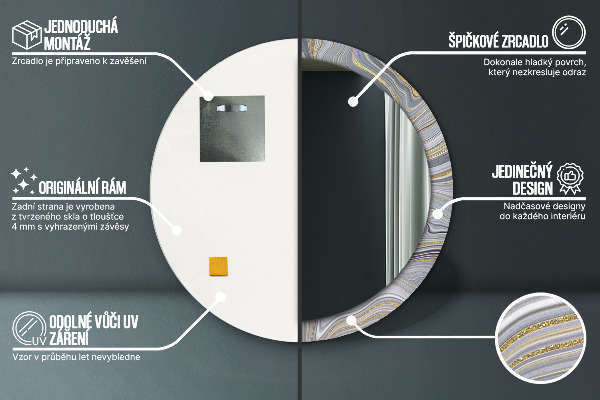 Šedá mramor Okrúhle zrkadlo s motívom
