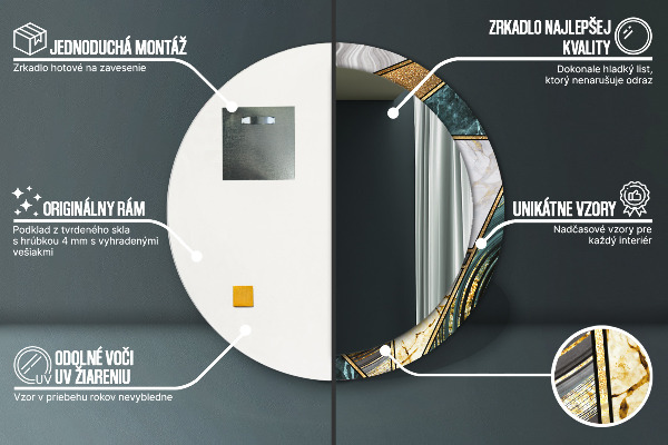 Mramor a zlato Okrúhle dekoračné zrkadlo na stenu