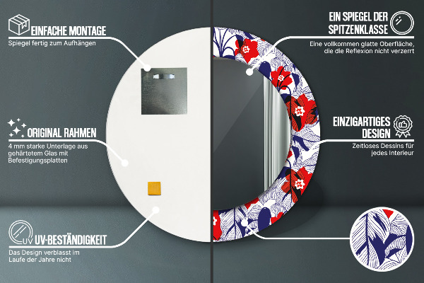 Filodendron a červené kvety Okrúhle zrkadlo s motívom