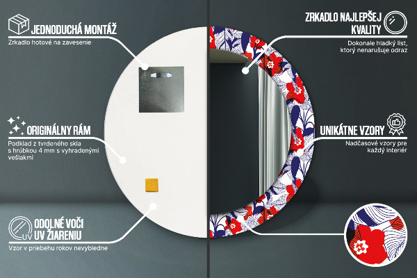 Filodendron a červené kvety Okrúhle zrkadlo s motívom