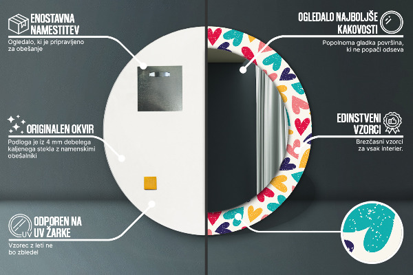 Farebné srdcia Okrúhle dekoračné zrkadlo