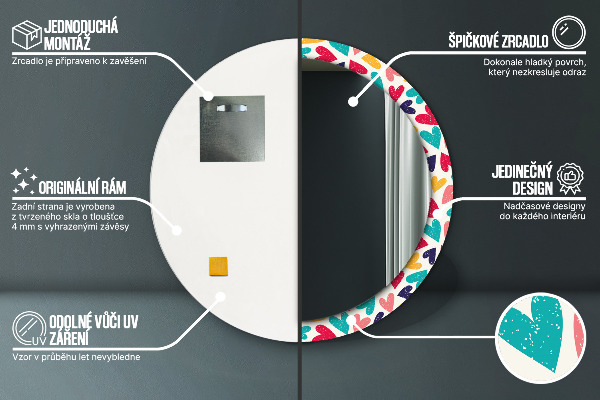 Farebné srdcia Okrúhle dekoračné zrkadlo