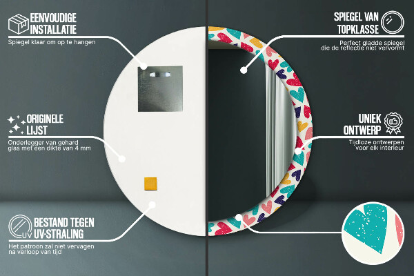 Farebné srdcia Okrúhle dekoračné zrkadlo