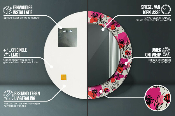 Ružové maky Okrúhle dekoračné zrkadlo