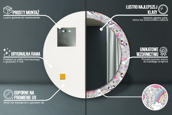 Panda Unicorn Okrúhle dekoračné zrkadlo na stenu