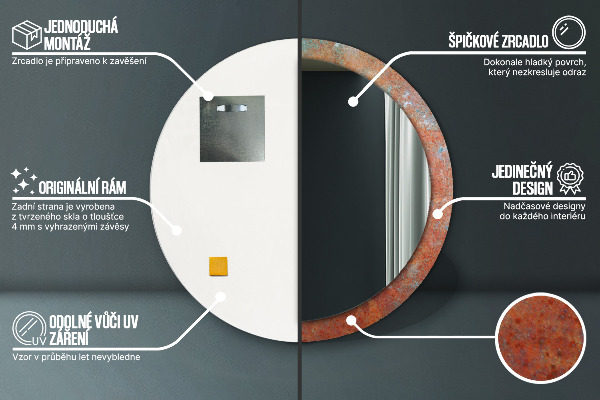 Hrdzavý kov Okrúhle dekoračné zrkadlo