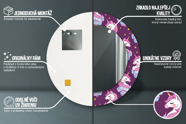 Jednorožec Okrúhle dekoračné zrkadlo na stenu