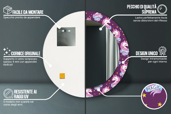 Jednorožec Okrúhle dekoračné zrkadlo na stenu