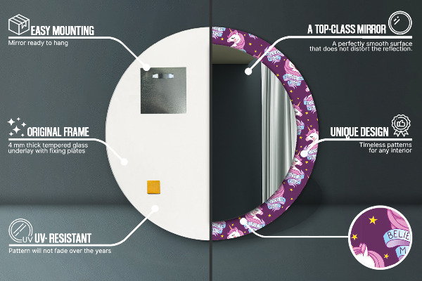 Jednorožec Okrúhle dekoračné zrkadlo na stenu