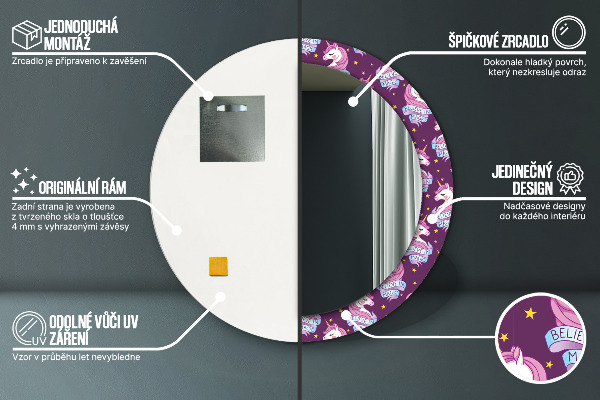 Jednorožec Okrúhle dekoračné zrkadlo na stenu
