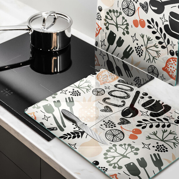 Sklo za varnú dosku Kreslený kuchynský motív
