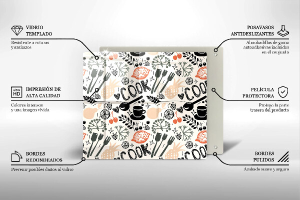 Sklo za varnú dosku Kreslený kuchynský motív