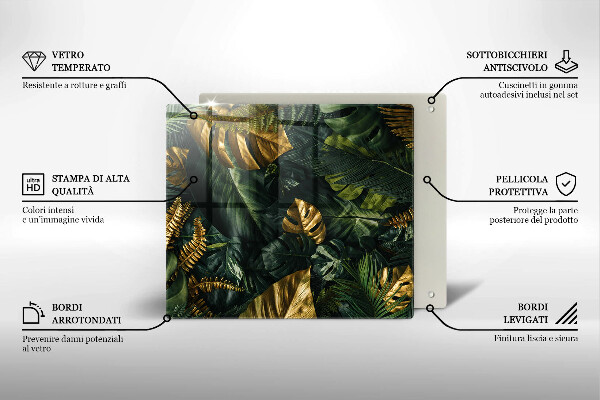 Kalené sklo za sporák Zlaté listy monstera