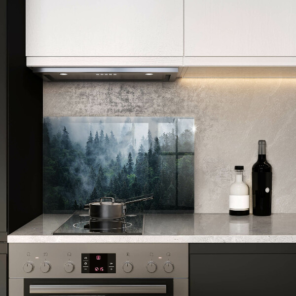 Kalené sklo za sporák Lesné stromy a hmla