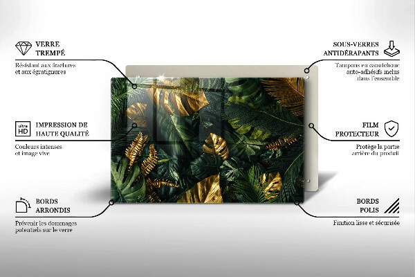 Kalené sklo za sporák Zlaté listy monstera