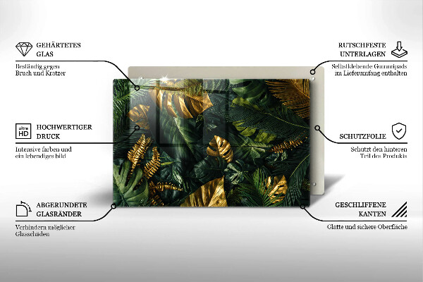 Kalené sklo za sporák Zlaté listy monstera