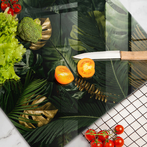 Kalené sklo za sporák Zlaté listy monstera