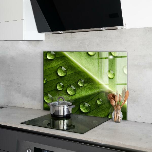 Sklenený obklad do kuchyne List s kvapkami rannej rosy