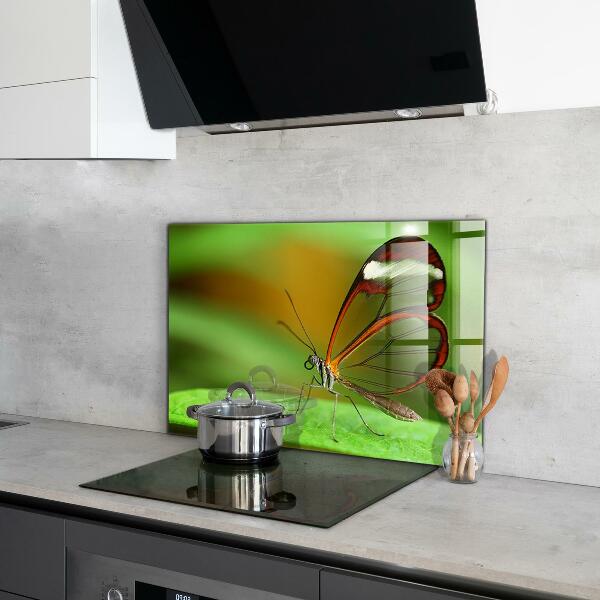 Sklenený obklad do kuchyne Motýľ na liste