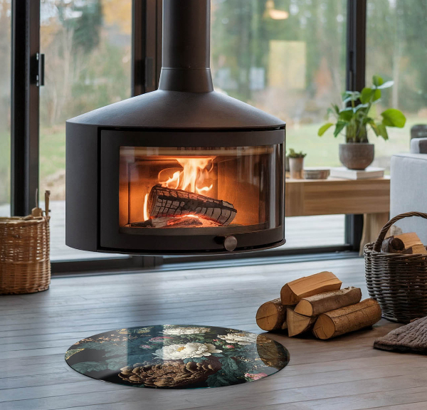 Okrúhla podložka pod krbové kachle Kvetinový vzor s motýľmi