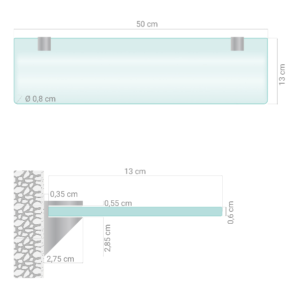 Polopriesvitná sklenená polička s rozmermi 50x13 cm