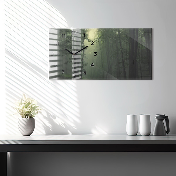 Horizontálne hodiny Ráno hmlový les