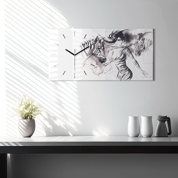 Horizontálne hodiny Žena a zebry