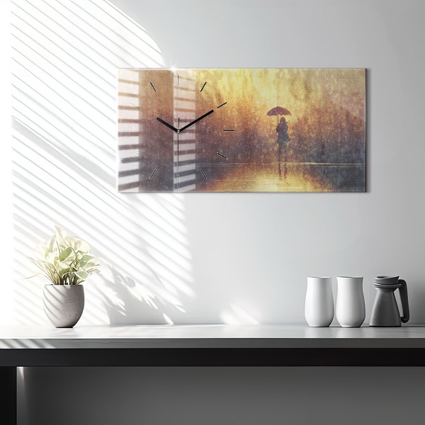 Horizontálne hodiny žena s dáždnikom