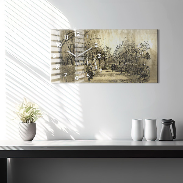 Horizontálne hodiny Park a stromy v sépiovej farbe