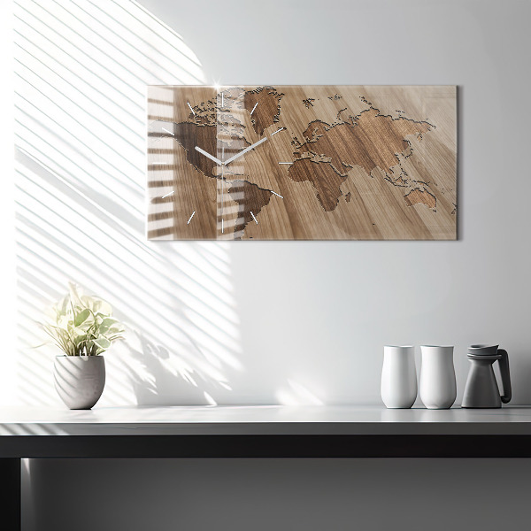 Horizontálne hodiny Mapa sveta na dreve