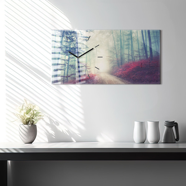 Horizontálne hodiny Jesenná cesta lesná hmla
